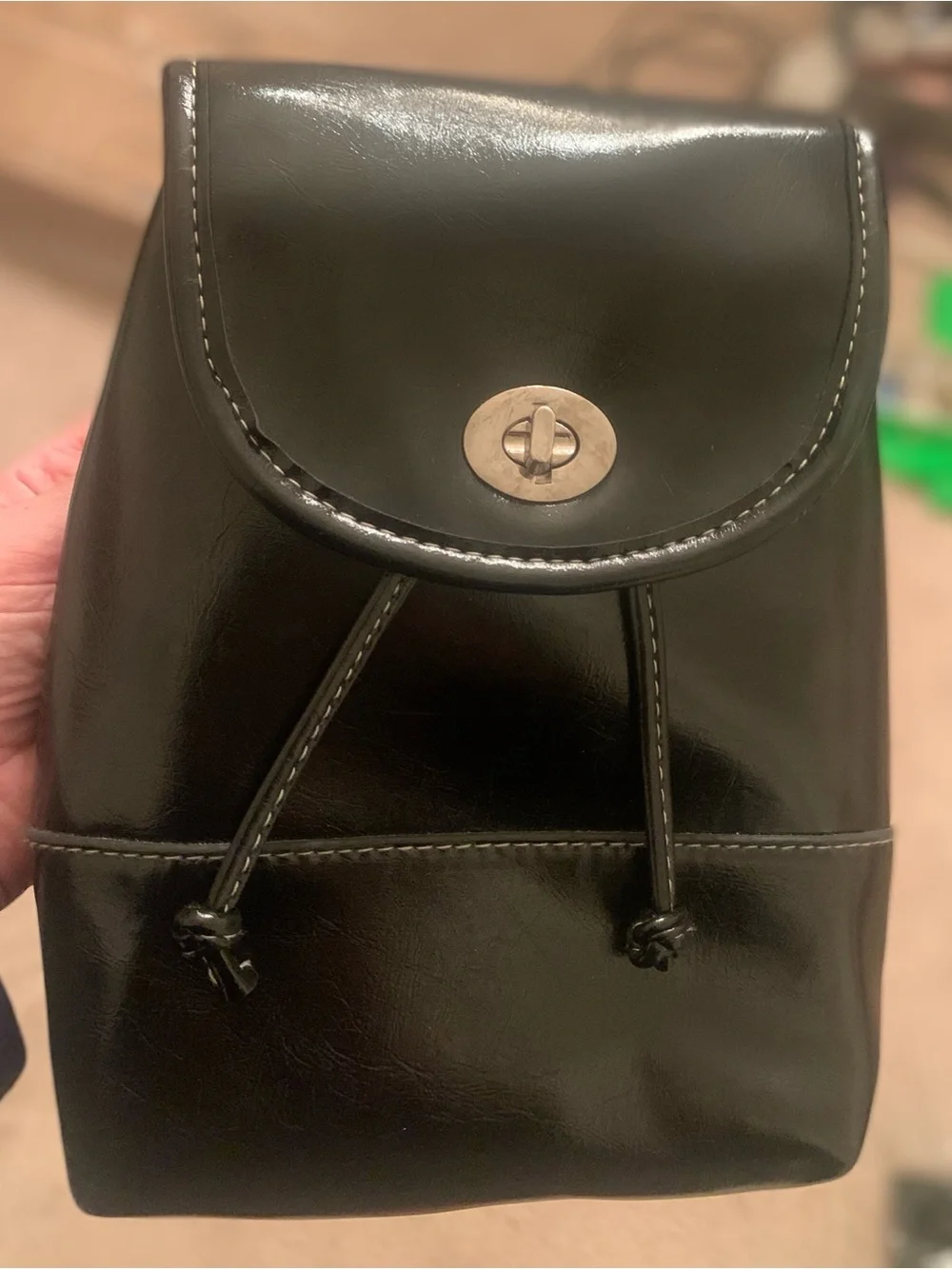 Black Faux Leather Drawstring Backpack - Unbranded